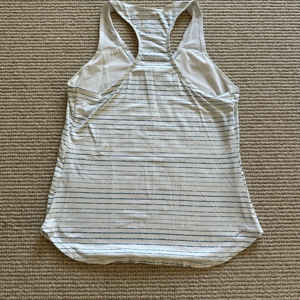 Nike Dri-Fit v-neck racerback athletic tank top white with blue stripes.